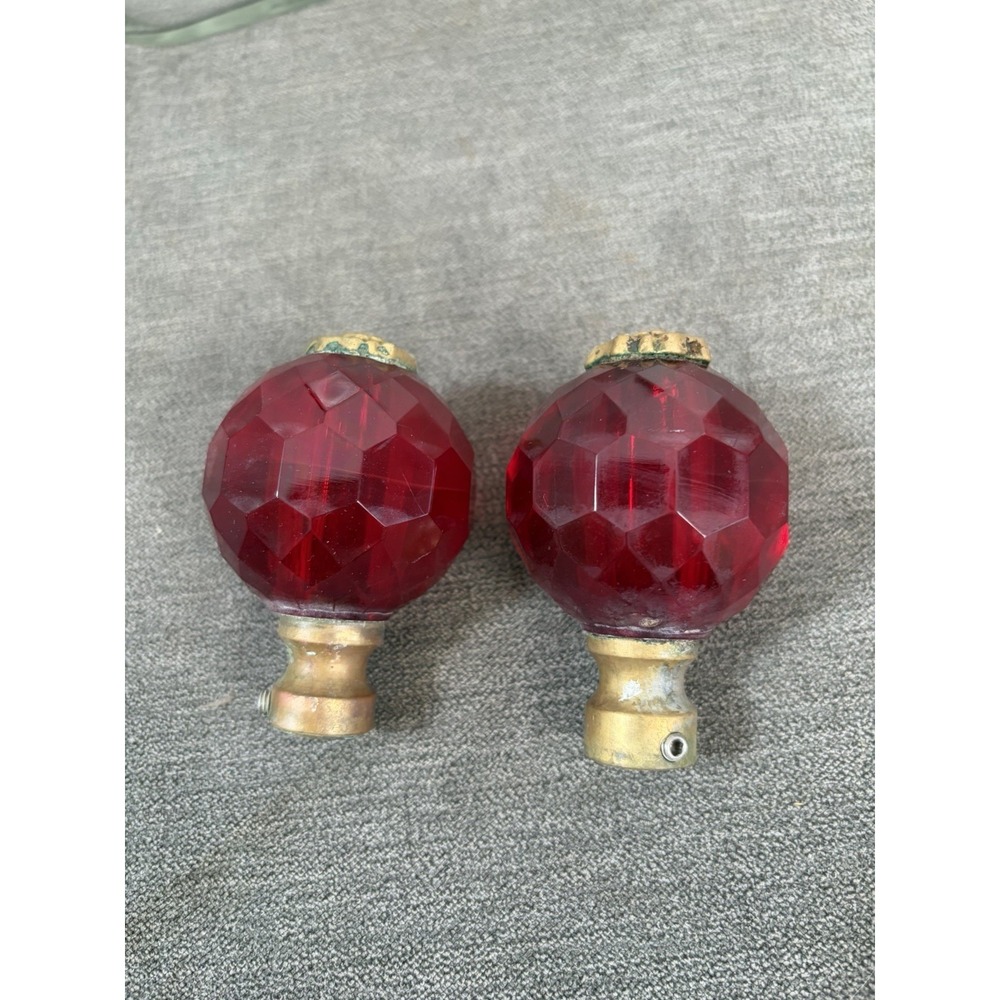 2 Vintage Red Glass And Brads Ball Finials? Curtain Rod Ends? Knobs? READ